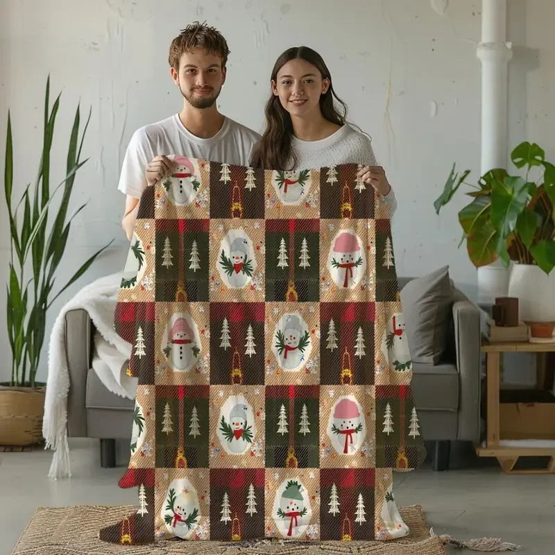 Cozy Festive Plaid Throw Blanket with Snowman & Christmas Tree Design - Soft