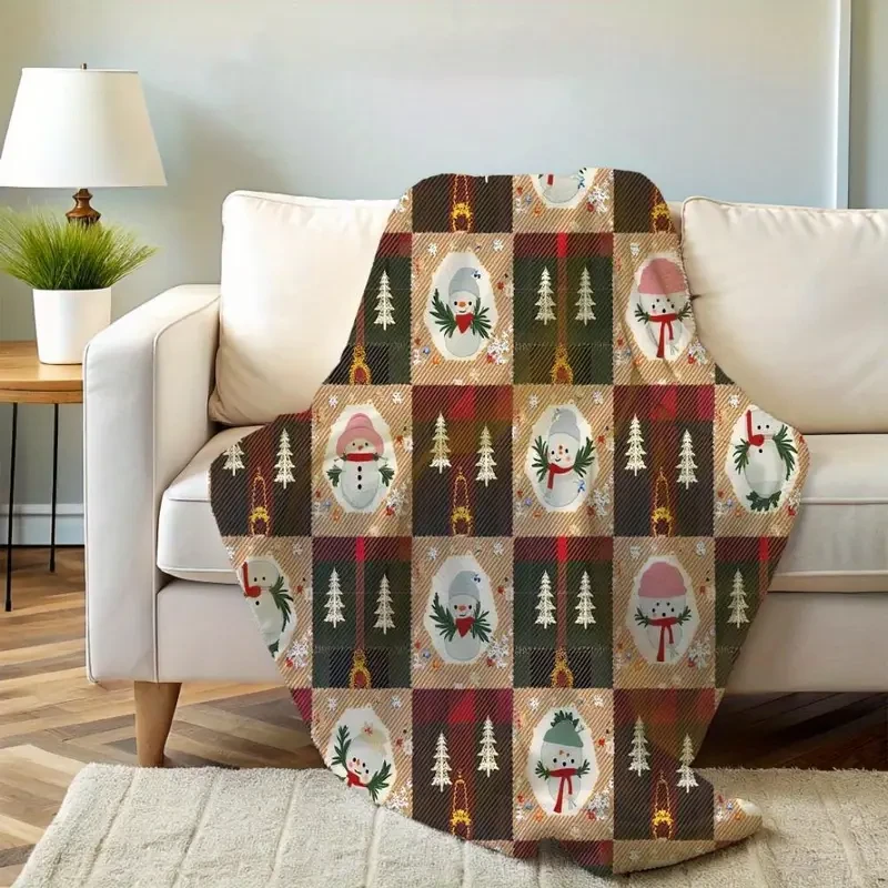 Cozy Festive Plaid Throw Blanket with Snowman & Christmas Tree Design - Soft