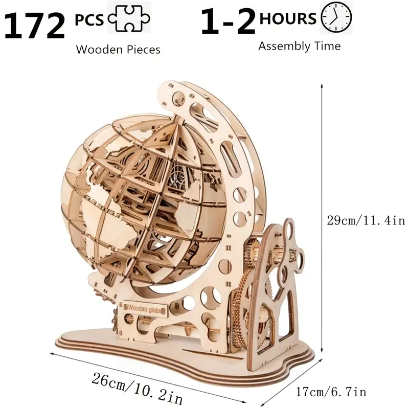 3D DIY Wooden Globe Puzzle - Mechanical Drive Model Kit