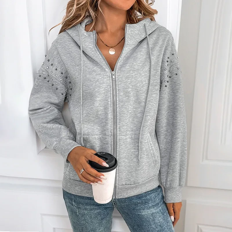 Hooded Long Sleeve Sweater Rivet Fashion Women