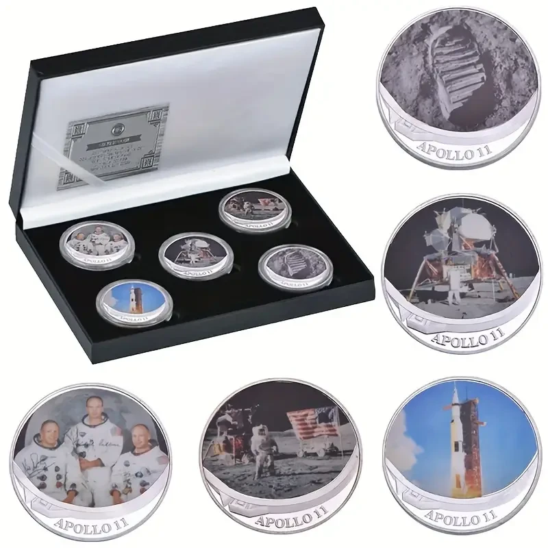 Apollo 11 Moon Landing Commemorative Coin Set, Iron Novelty Coins, First Successful Lunar Mission Souvenir, Space Collectibles, Educational Gift, Suitable for Ages 14+ - Pack of 5