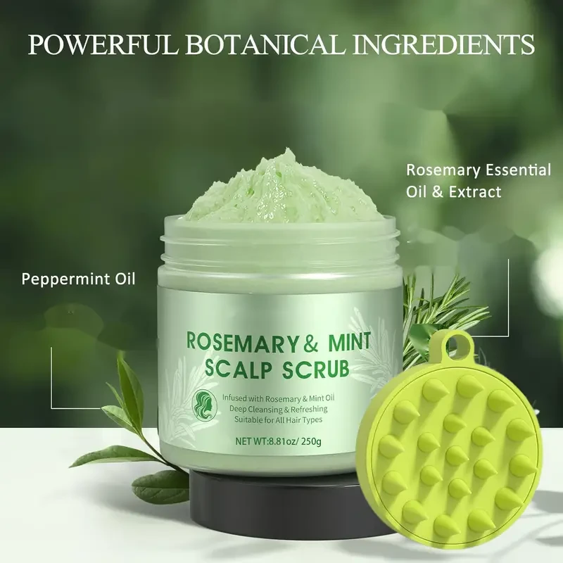 Rosemary & Peppermint Scalp Scrub - 250g Deep Cleansing Shampoo with Massager for All Hair Types