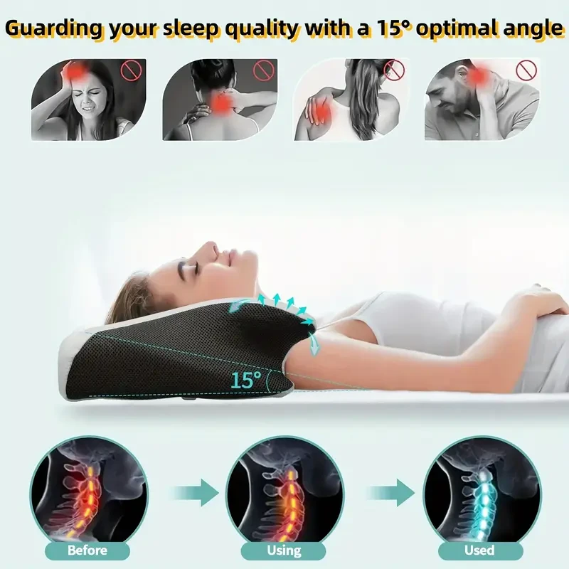 Ergonomic Orthopedic Cervical Memory Foam Pillow with Removable Knitted Polyester Cover - Machine Washable Neck Support for Side, Back, Stomach Sleepers - Breathable Arm Rest Design Bedding Pillow 1pc