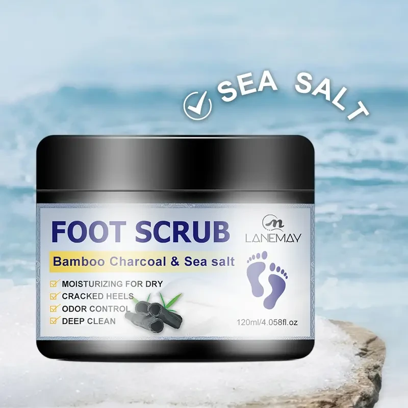 Lanemay Bamboo Charcoal & Sea Salt Foot Scrub - Hypoallergenic Exfoliating Treatment for Dry, Cracked Heels
