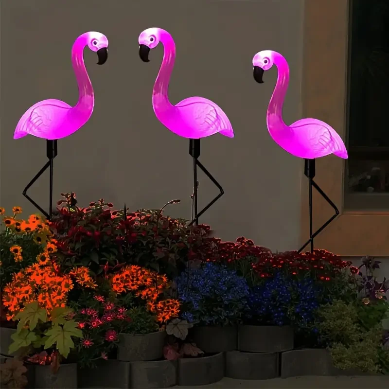 3pcs Solar Flamingo Garden Lights - Pink LED Stake Lights for Garden, Lawn, Patio & Pathways