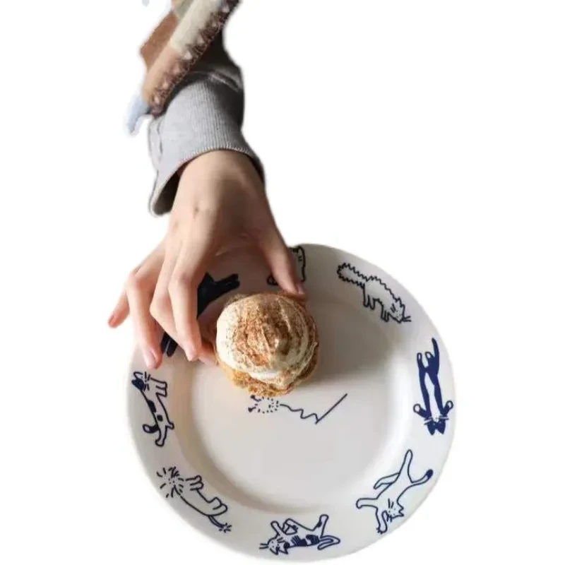 Ins Retro Kitten Blue Breakfast Ceramic Plate Dessert Plate Western Dinner Plate Lovely Girl Heart French