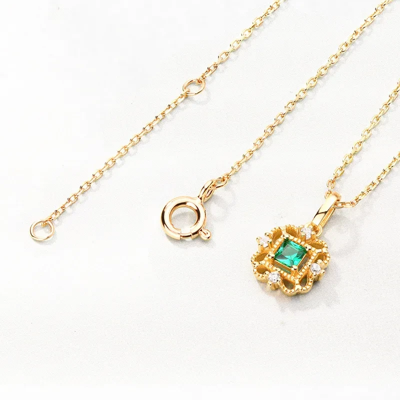 Vintage Green Square Zircon Pendant Female Wild Silver Pendant