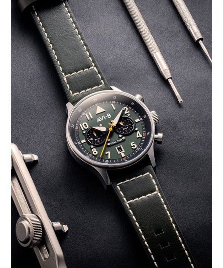 AVI-8 Hawker Hurricane Carey Dual Time Merville Green Dial Quartz AV-4088-02 Mens Watch