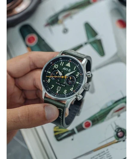 AVI-8 Hawker Hurricane Carey Dual Time Merville Green Dial Quartz AV-4088-02 Mens Watch