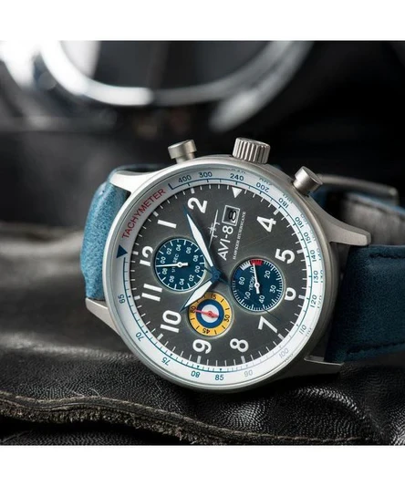 AVI-8 Hawker Hurricane Classic Chronograph Pennant Blue Leather Strap Grey Dial Quartz AV-4011-0F Men's Watch