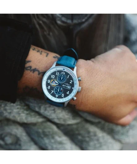 AVI-8 Hawker Hurricane Classic Chronograph Pennant Blue Leather Strap Grey Dial Quartz AV-4011-0F Men's Watch