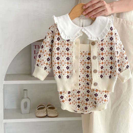 Rhombus Jacquard Knitted Coat Strap Rompers Jumpsuit Suit