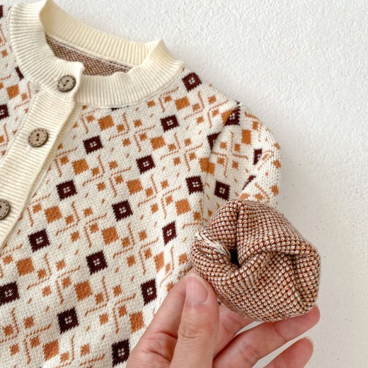 Rhombus Jacquard Knitted Coat Strap Rompers Jumpsuit Suit