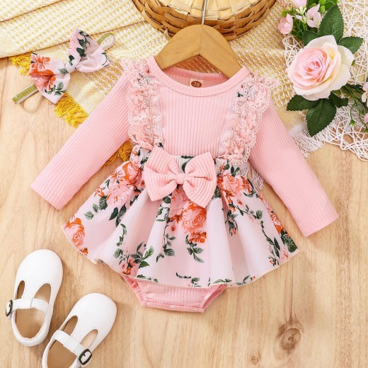 Baby Girl Autumn New Lace Cotton Sunken Stripe Stitching One-piece Romper