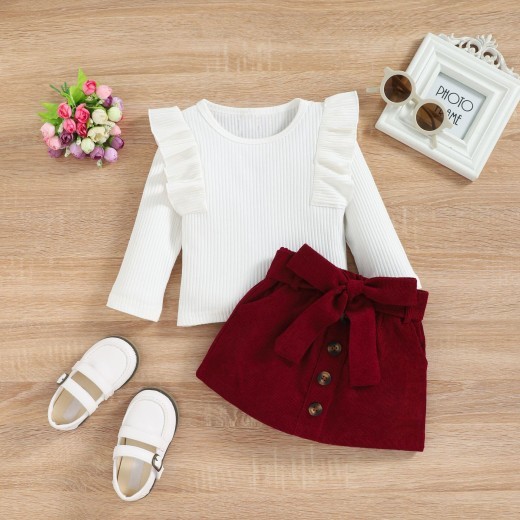 Girls Autumn And Winter Solid Color Lace Long-sleeved Corduroy Suit