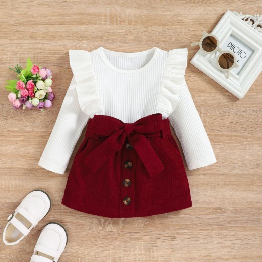 Girls Autumn And Winter Solid Color Lace Long-sleeved Corduroy Suit