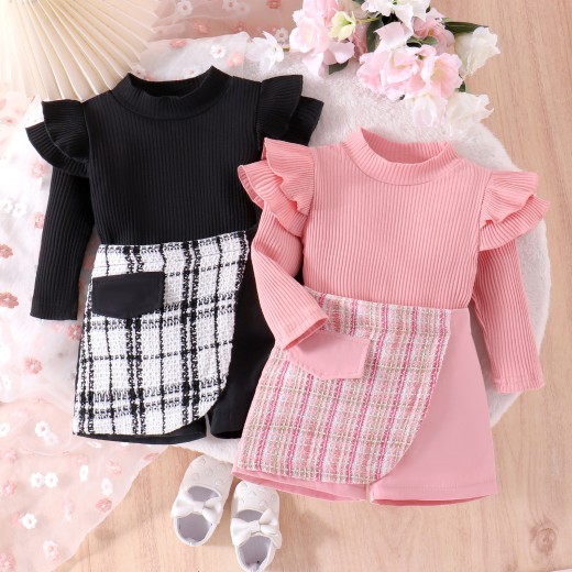 Trendy Style Girls' Skirt Set Solid Color Striped Long Sleeve Classic Style Culottes Two-piece Set