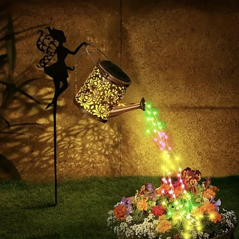 Solar-Powered Watering Can Lights with LED String - Metal Art Fairy Silhouette Stake for Garden, Patio & Lawn