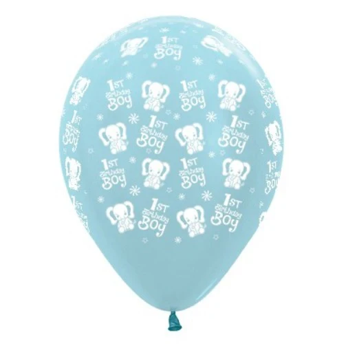 30cm 1st Birthday Boy Elephants -  Blue Pearl Satin - Pack of 6