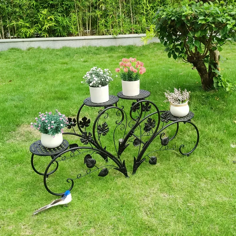 4-Tier Tall Metal Plant Stand - Black Iron Flower Planter Rack for Indoor and Outdoor Use