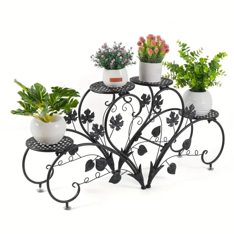 4-Tier Tall Metal Plant Stand - Black Iron Flower Planter Rack for Indoor and Outdoor Use