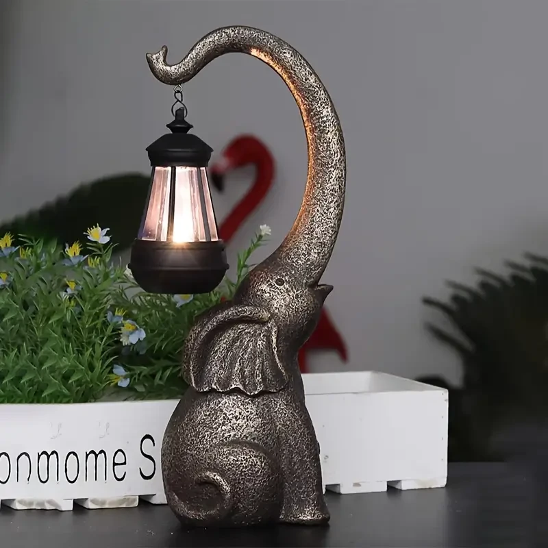 Solar-Powered Elephant Garden Statue - Resin Figurine with LED Light for Outdoor Decor