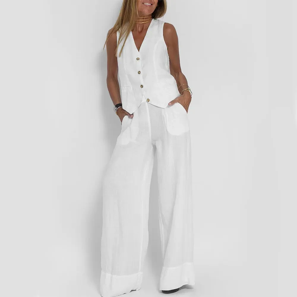 Summer Vest Suits V-neck Botton Sleeveless Top And Loose Straight Trousers