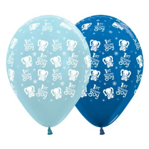 30cm 1st Birthday Boy Elephants Blue & Dark Blue Metallic - Pack of 25