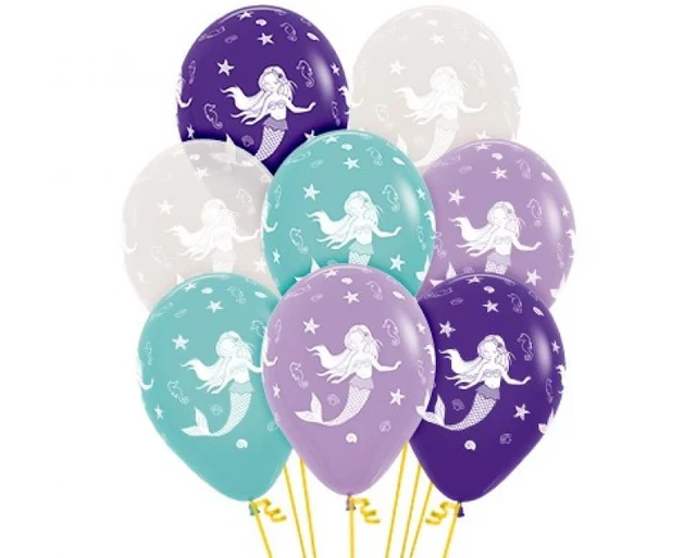 30cm Mermaid Design Fashion Assorted & Crystal Clear Latex Balloons, 12pk - Pack of 12