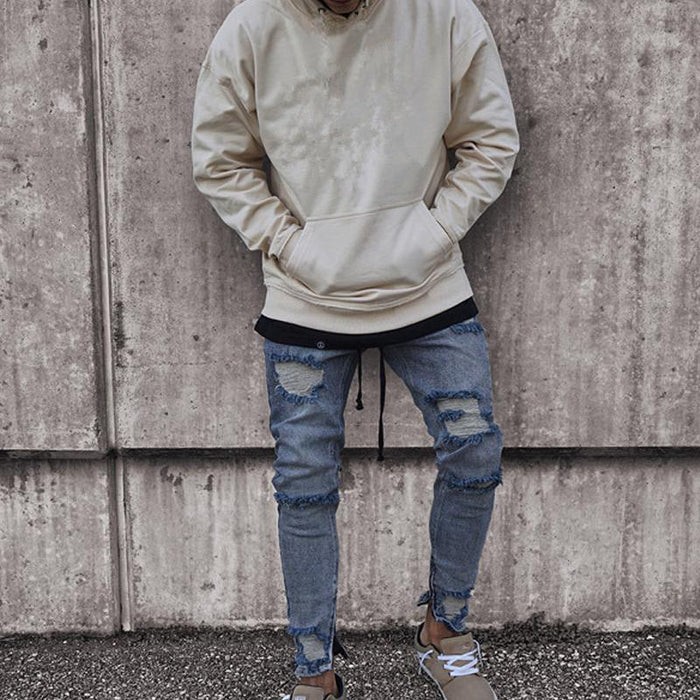 Men's Ripped Zipper Biker Jeans