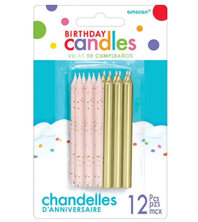 Candles Pink Glittered And Metallic Gold  (Pack of 12)
