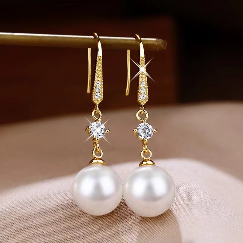 Elegant Pearl Drop Earrings with Zircon Accents  Slimming Gold Fashion Jewelry