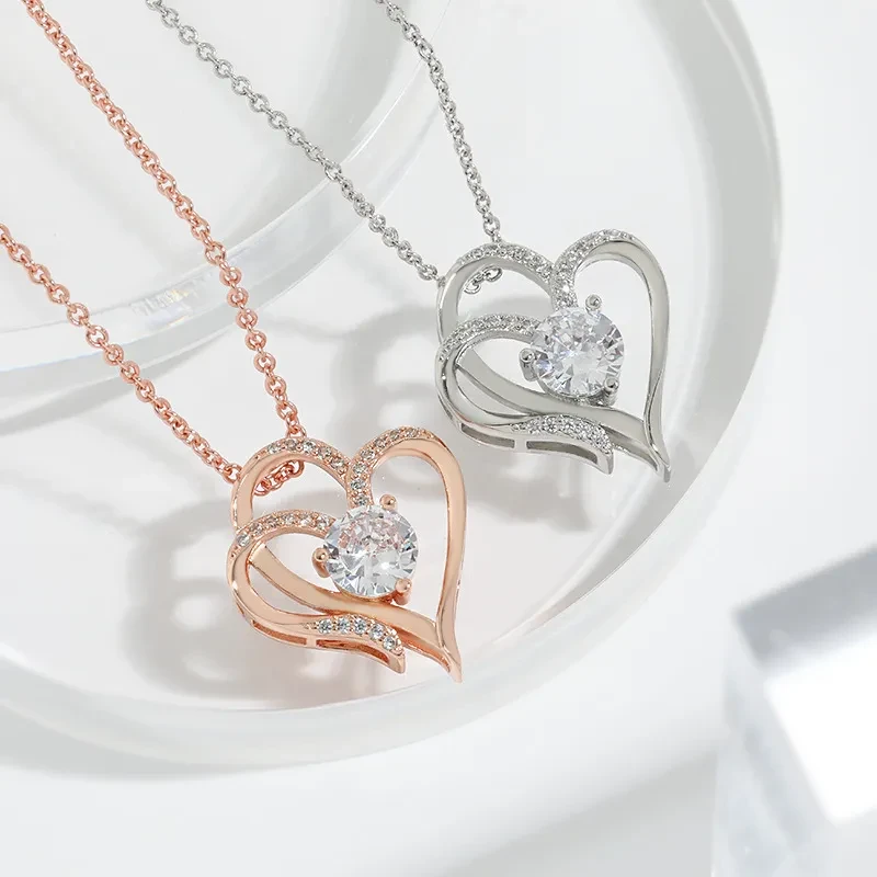 Zircon Double Love Necklace With Rhinestone