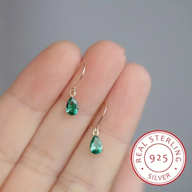 Sterling Silver Plated Emerald Waterdrop Shaped Dangle Earrings