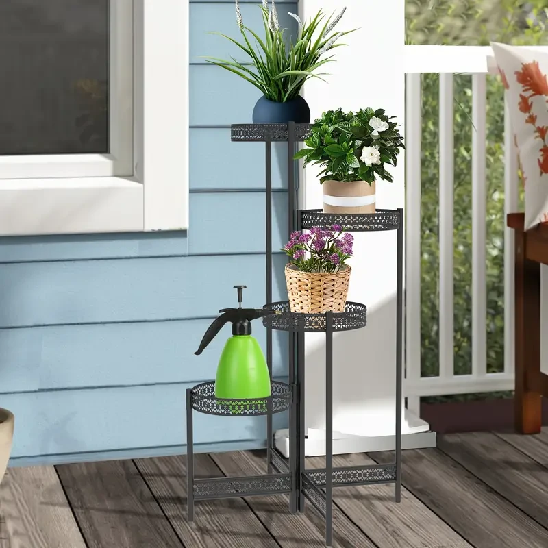 4-Tier Folding Metal Planter Stand - Space-Saving Plant Holder