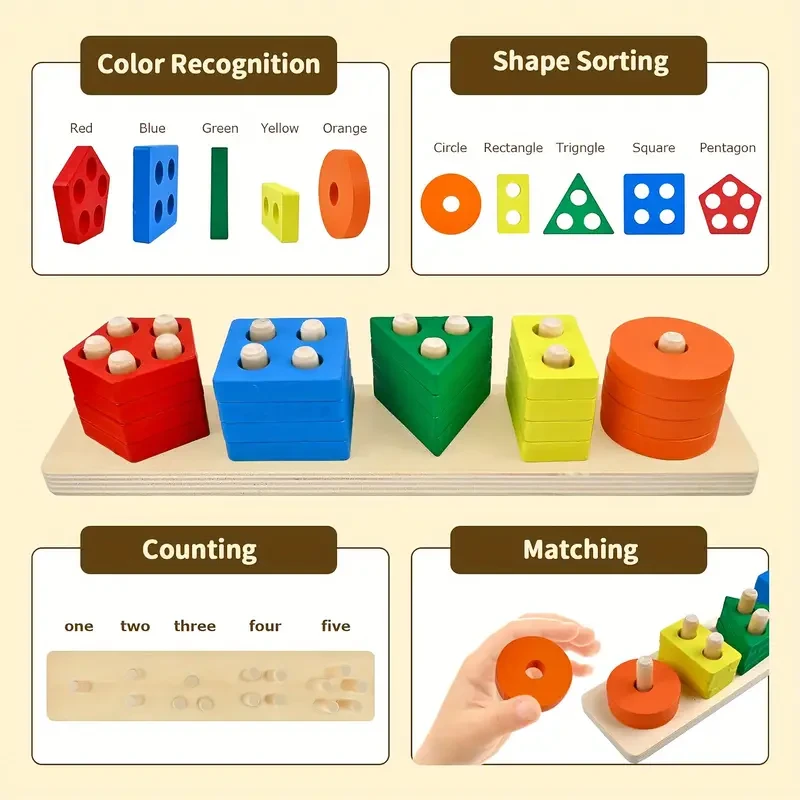 Wooden Stacking & Sorting Toys - Color & Shape Recognition