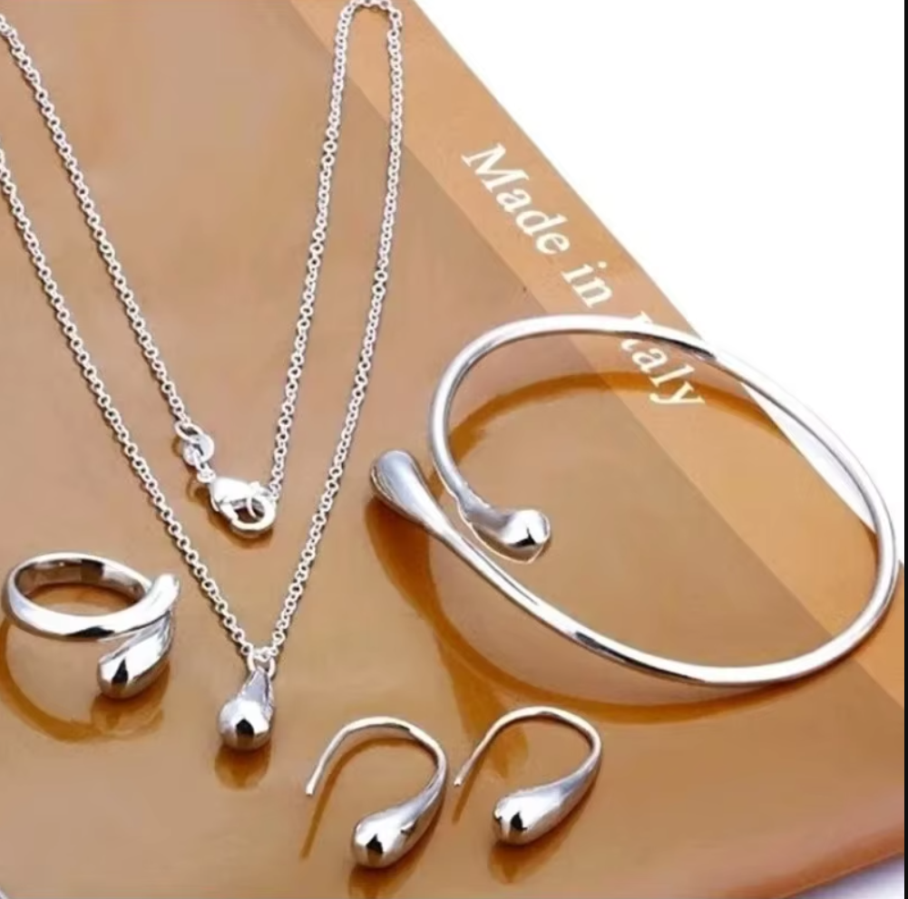 Fashion S925 Silver Needle Earrings Ring Bracelet Set