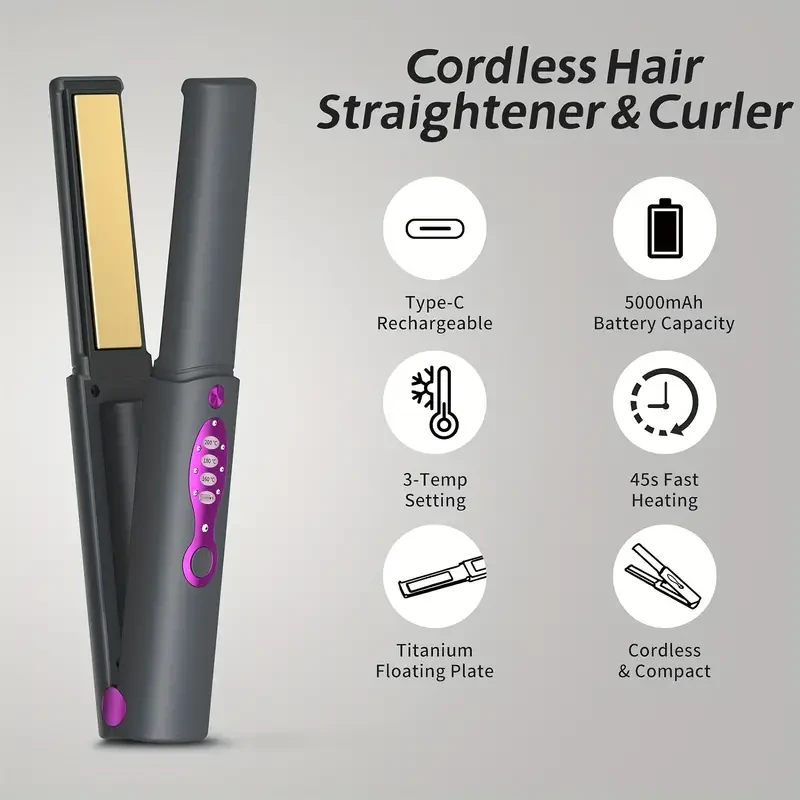 Cordless Hair Straightener, Portable Hair Straightener, 2-in-1 Rechargeable Hair Straightener With Titanium Plates 45 Second Fast Heating, 3 Temp Adjustable Cordless Straightener Curler: Beauty & Personal Care