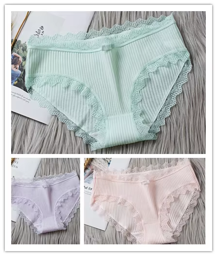 3PCS/Lot Sexy Briefs Women Middle Waist Cotton Underwear Bowtie Panties Breathable Lace Intimates Antibacterial Crotch Lingere