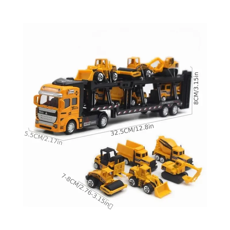 Truck King Die-Cast Toy Set - 32CM Semi-Truck with 6 Mini Construction Vehicles