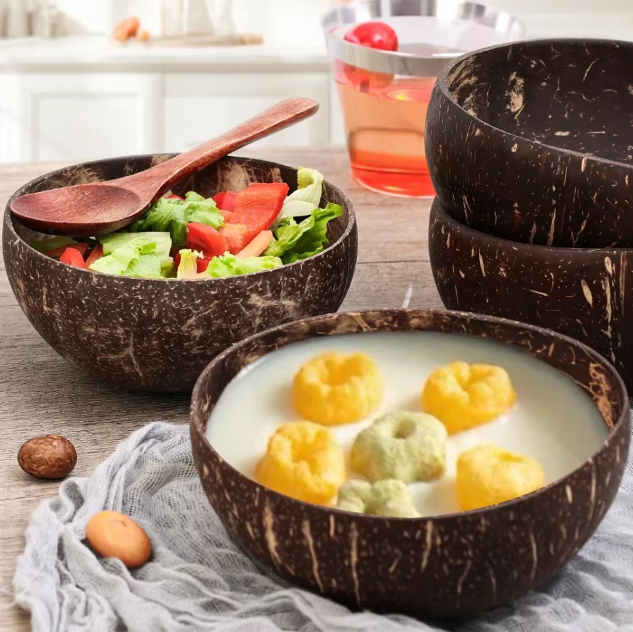 Natural Coconut Bowls And Wooden Spoon Sets