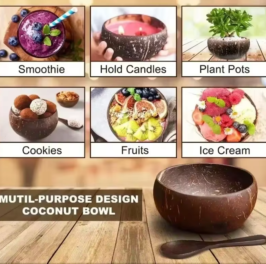 Natural Coconut Bowls And Wooden Spoon Sets