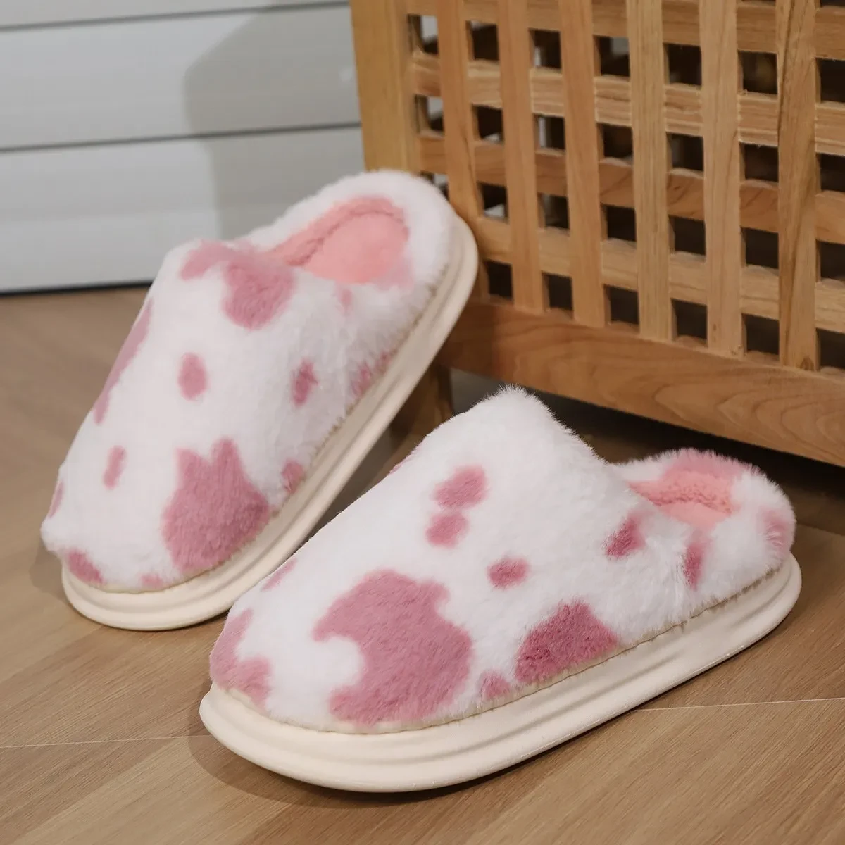 Cute Cow Spotted Plush Slippers