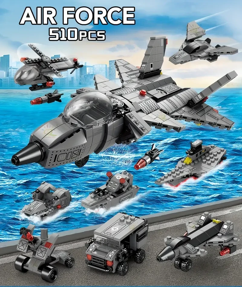 8 In 1 Educational Assembled Toys Military Series Aircraft Building Blocks Fighter Model
