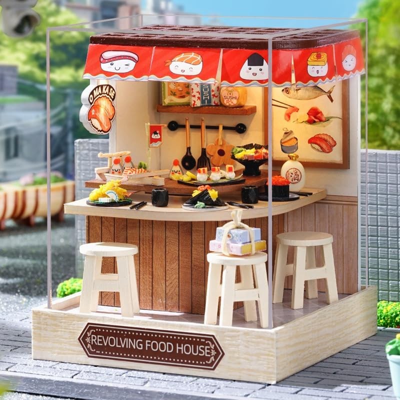 Sushi Restaurant Miniature Model, Building Dollhouse Kit With Dust Cover, Room Bedroom Decoration With Furniture, Wooden Craft 3D Puzzle Toy, Birthday Gift