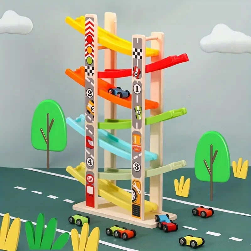 Wooden Ramp Racing Car Set for Youngsters - 4/7 Track Educational Toy with Mini Inertia Slide & Roller Coaster - Perfect Holiday Gift, Yellow