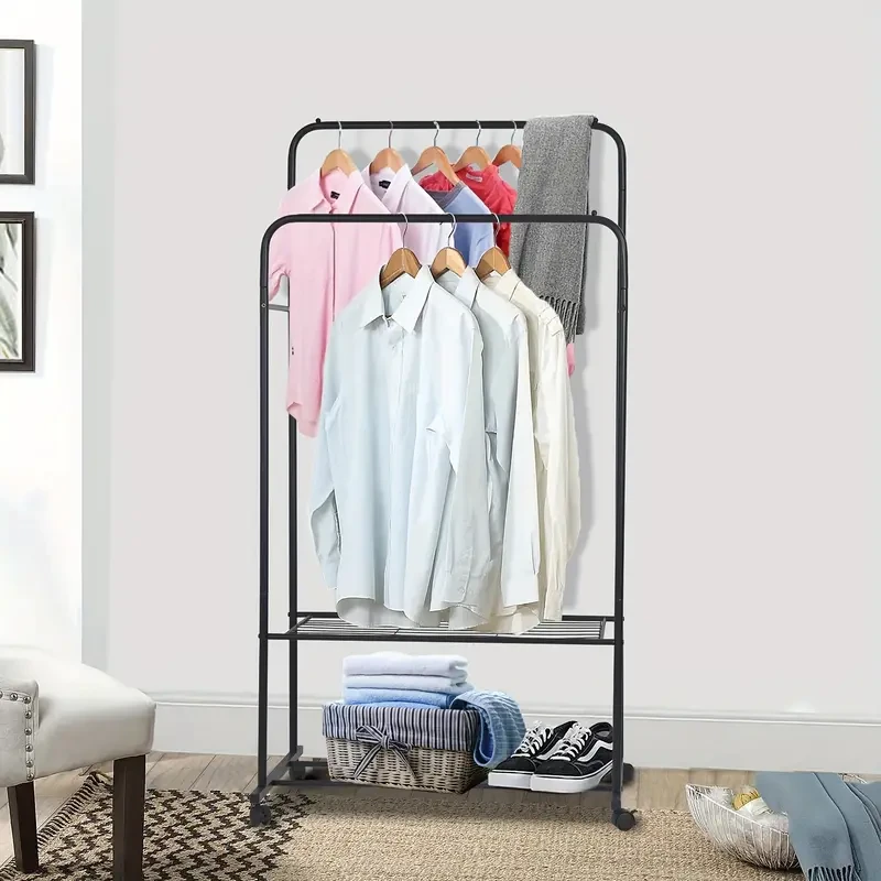 Mobile Double Rail Clothes Rack with Storage Shelves