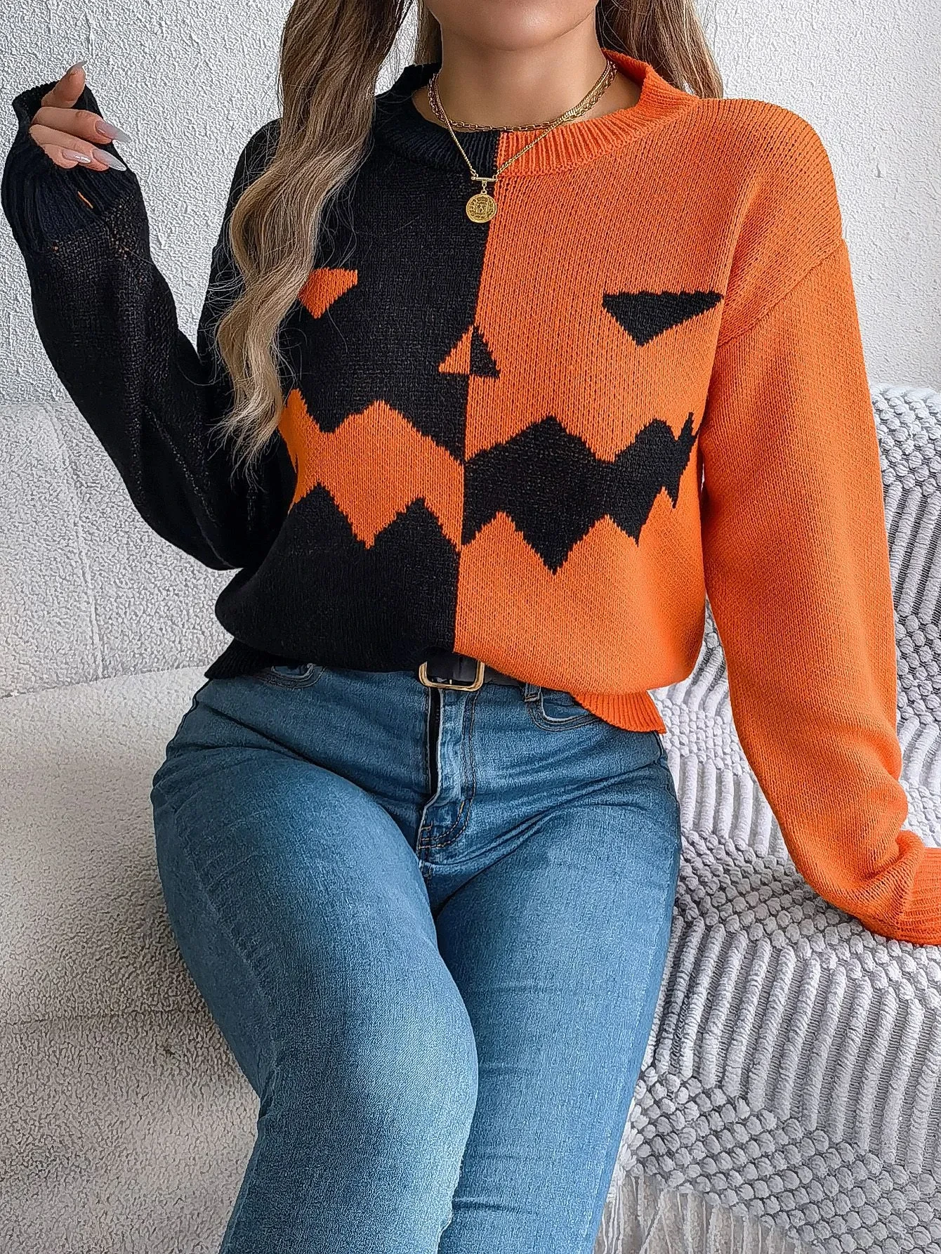 Halloween Contrast-color Pullover Sweater For Women's Clothing