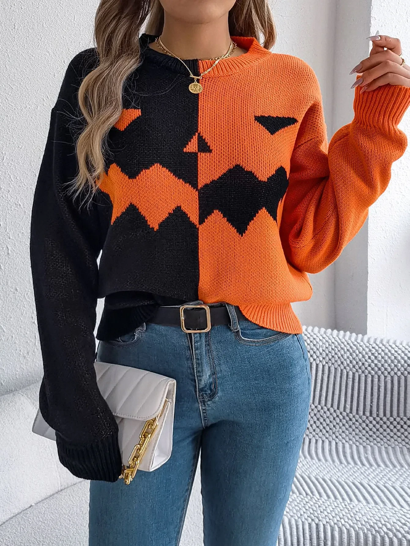 Halloween Contrast-color Pullover Sweater For Women's Clothing