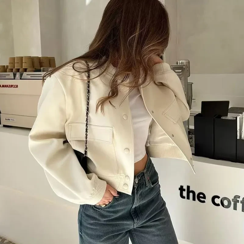 Fashion Button Stand-collar Jacket With Big Pockets Casual Loose Short Outwear Tops Coat For Women Clothing
